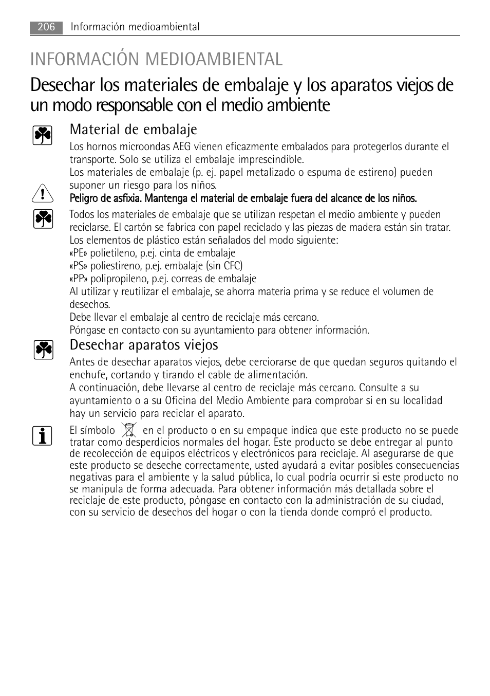 Información medioambiental, Material de embalaje, Desechar aparatos viejos | AEG MCC4061E-M User Manual | Page 206 / 252
