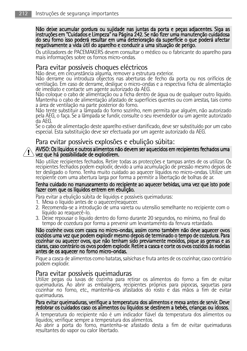 Para evitar possíveis choques eléctricos, Para evitar possíveis explosões e ebulição súbita, Para evitar possíveis queimaduras | AEG MCC4061E-M User Manual | Page 212 / 252