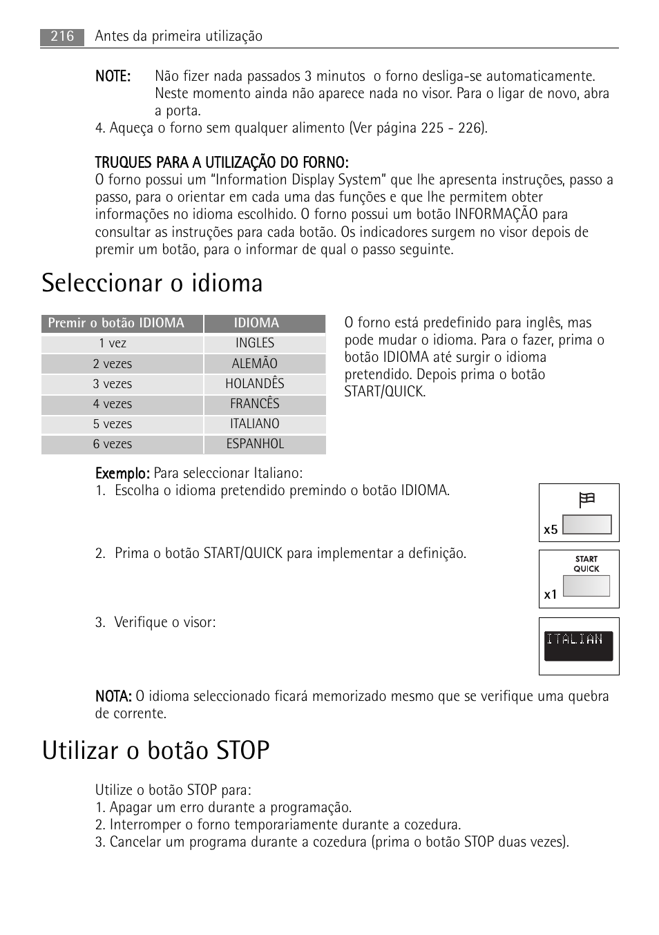 Seleccionar o idioma, Utilizar o botão stop | AEG MCC4061E-M User Manual | Page 216 / 252