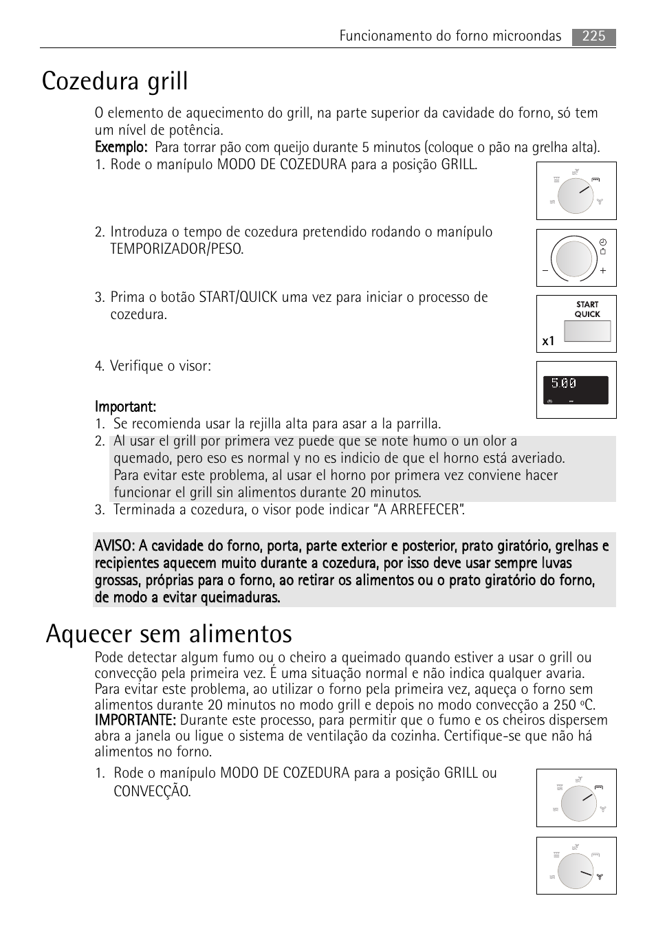 Cozedura grill, Aquecer sem alimentos | AEG MCC4061E-M User Manual | Page 225 / 252