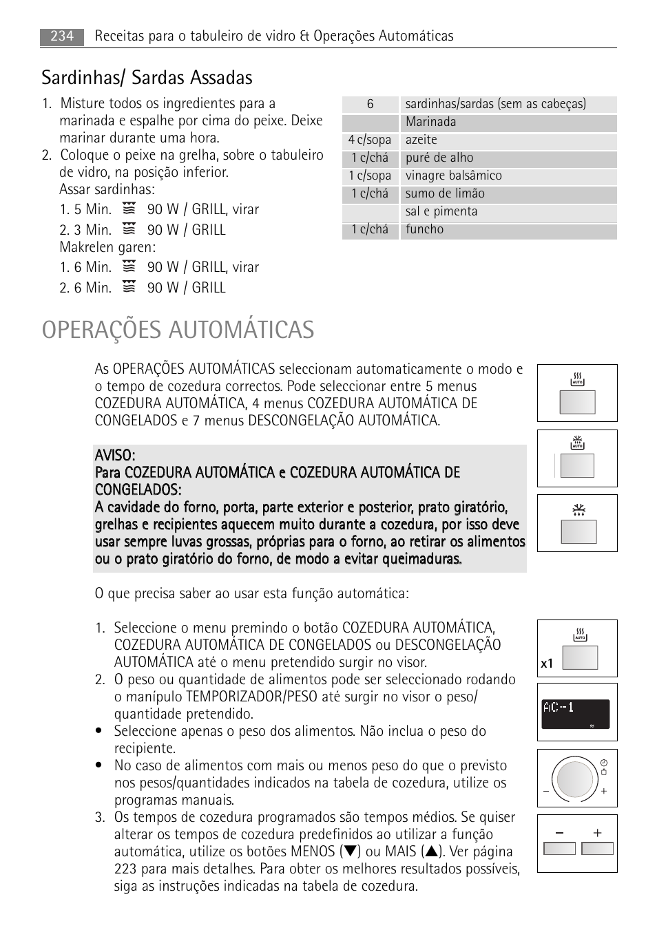 Operações automáticas, Sardinhas/ sardas assadas | AEG MCC4061E-M User Manual | Page 234 / 252