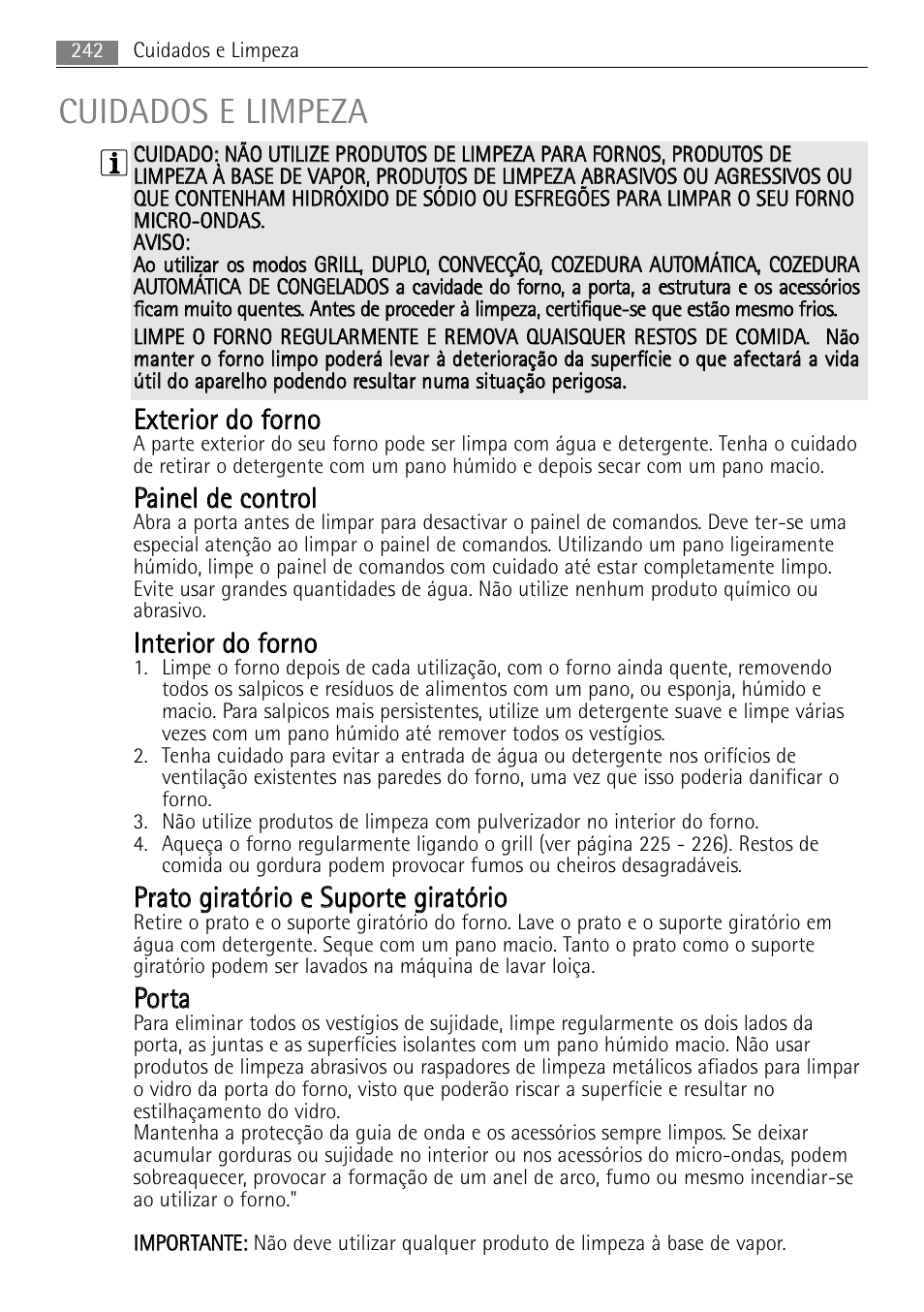 Cuidados e limpeza, Eexxtteerriio orr d do o ffo orrn no o, Ppaaiin neell d dee cco on nttrro oll | Iin ntteerriio orr d do o ffo orrn no o, Ppo orrttaa | AEG MCC4061E-M User Manual | Page 242 / 252