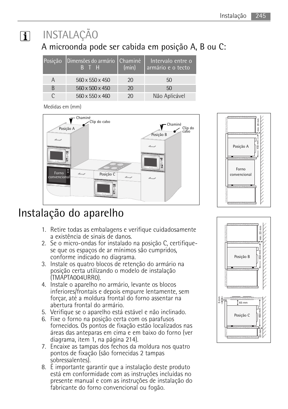 Instalação do aparelho, Instalação, A microonda pode ser cabida em posição a, b ou c | 245 instalação | AEG MCC4061E-M User Manual | Page 245 / 252