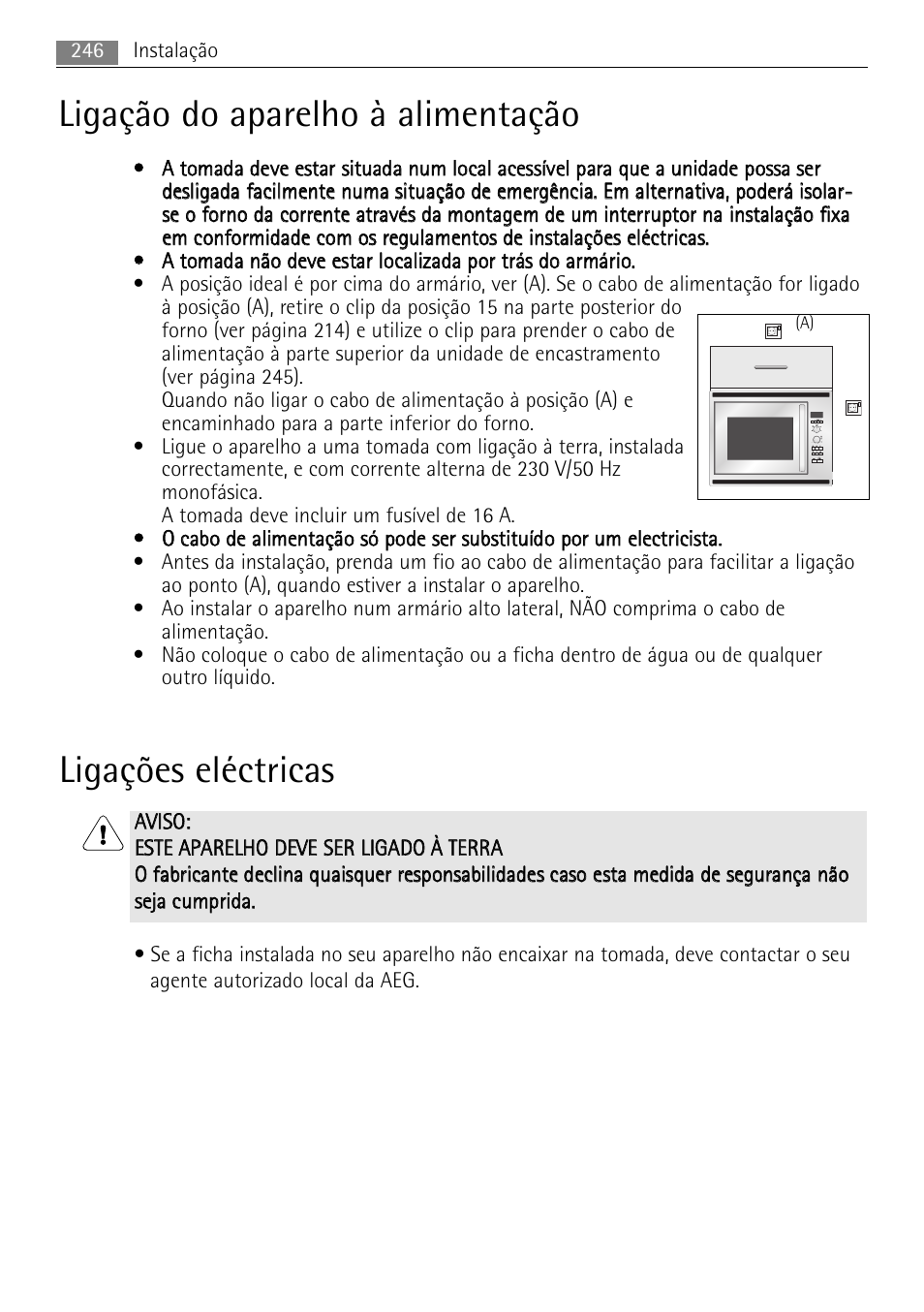 Ligação do aparelho à alimentação, Ligações eléctricas | AEG MCC4061E-M User Manual | Page 246 / 252