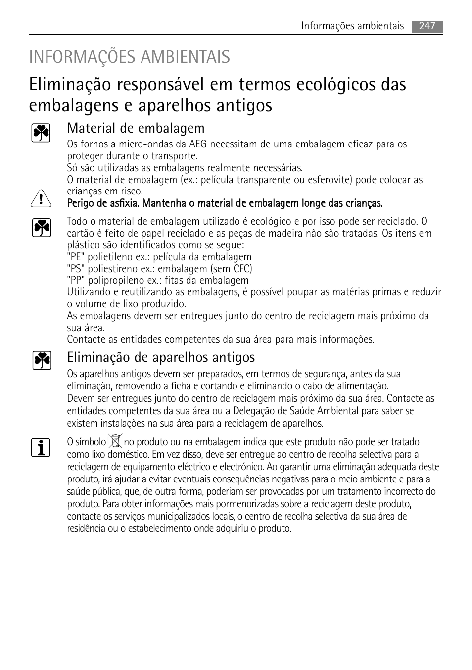 Informações ambientais, Material de embalagem, Eliminação de aparelhos antigos | AEG MCC4061E-M User Manual | Page 247 / 252