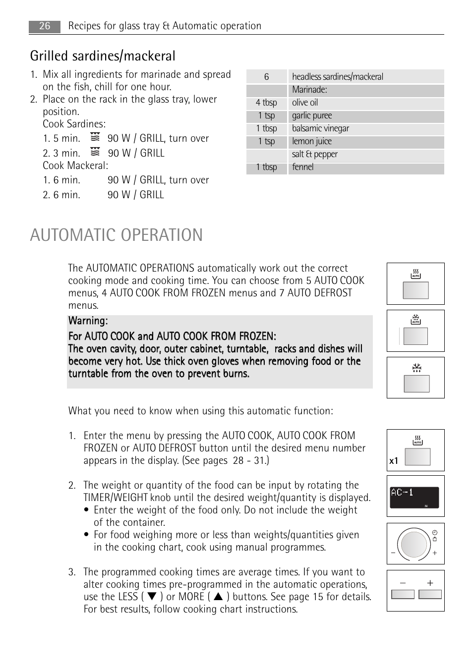 Automatic operation, Grilled sardines/mackeral | AEG MCC4061E-M User Manual | Page 26 / 252