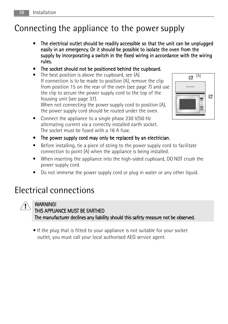 Connecting the appliance to the power supply, Electrical connections | AEG MCC4061E-M User Manual | Page 38 / 252