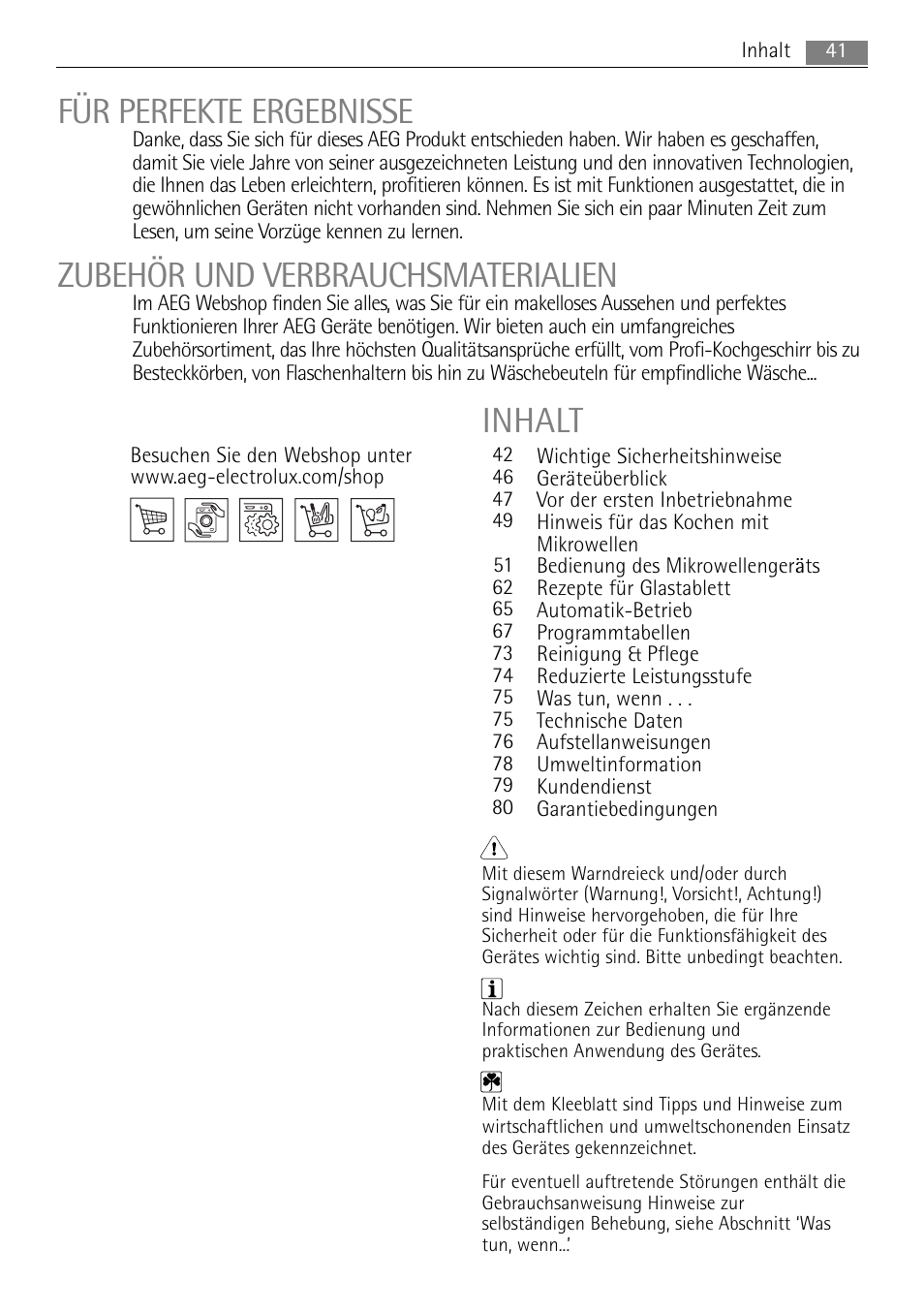 German 40 l_aeg guidelines-mg, Für perfekte ergebnisse, Zubehör und verbrauchsmaterialien | Inhalt | AEG MCC4061E-M User Manual | Page 41 / 252