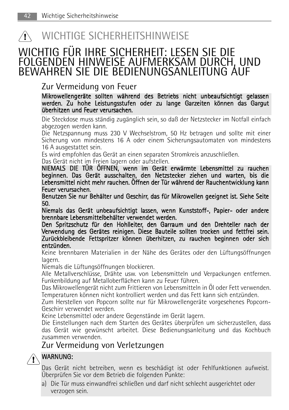 Wichtige sicherheitshinweise, Zur vermeidung von feuer, Zur vermeidung von verletzungen | AEG MCC4061E-M User Manual | Page 42 / 252