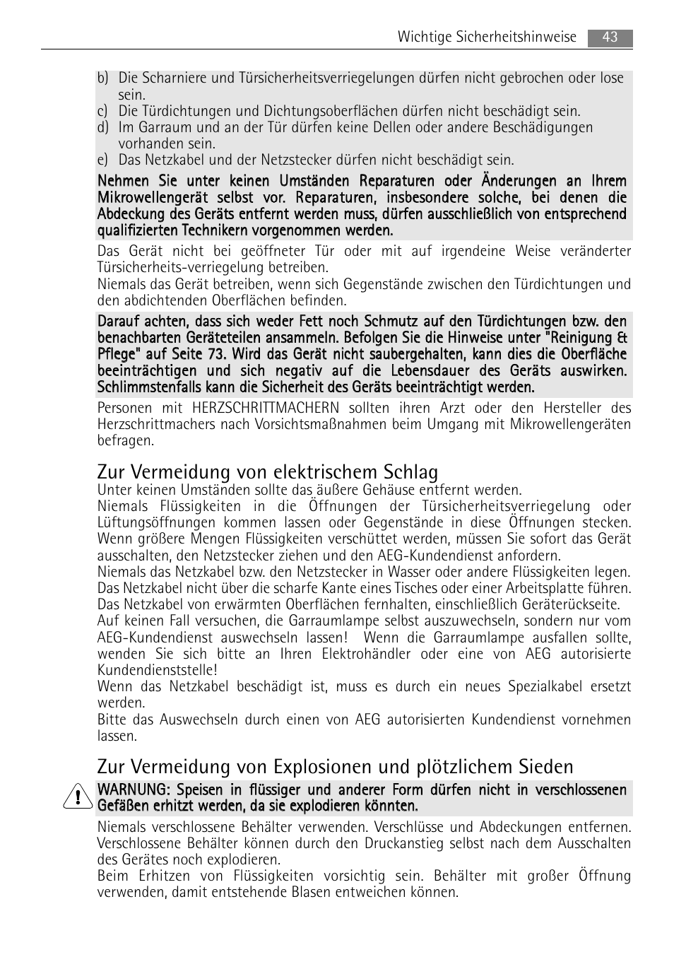 Zur vermeidung von elektrischem schlag | AEG MCC4061E-M User Manual | Page 43 / 252