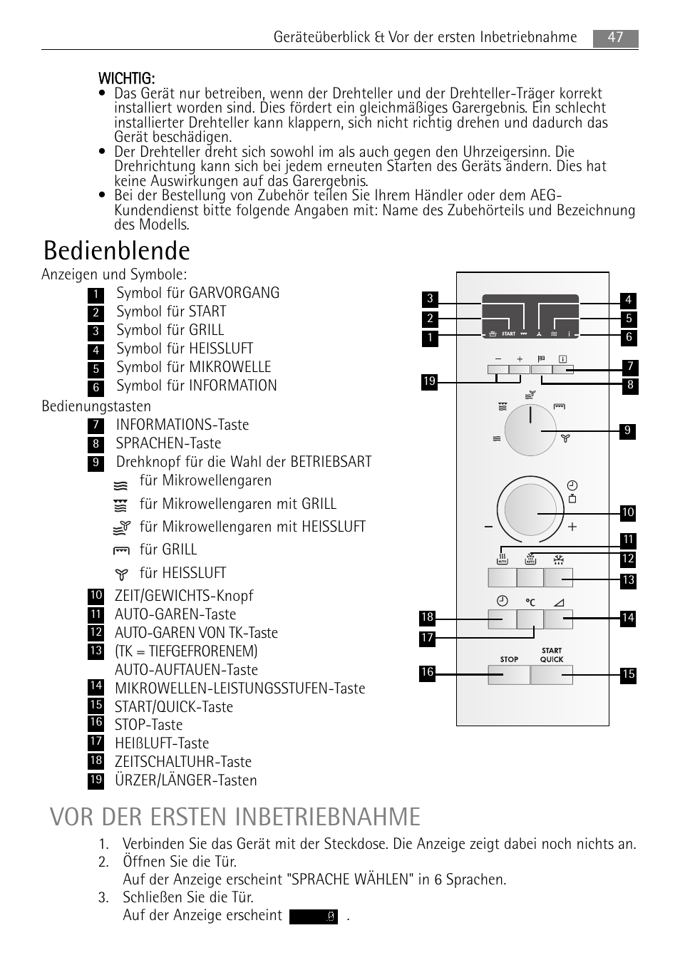 Bedienblende, Vor der ersten inbetriebnahme | AEG MCC4061E-M User Manual | Page 47 / 252