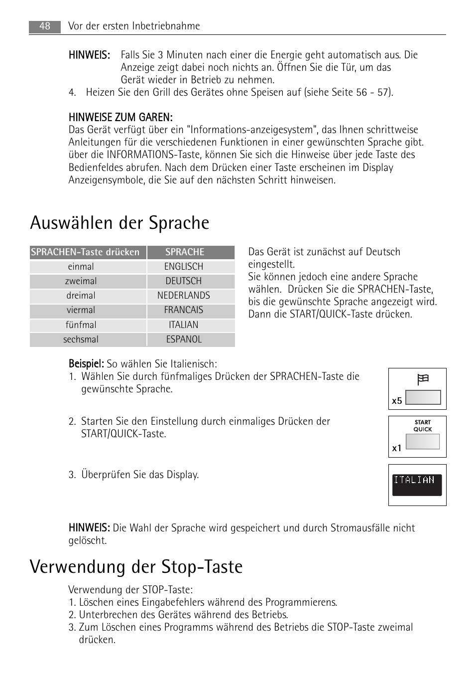 Auswählen der sprache, Verwendung der stop-taste | AEG MCC4061E-M User Manual | Page 48 / 252