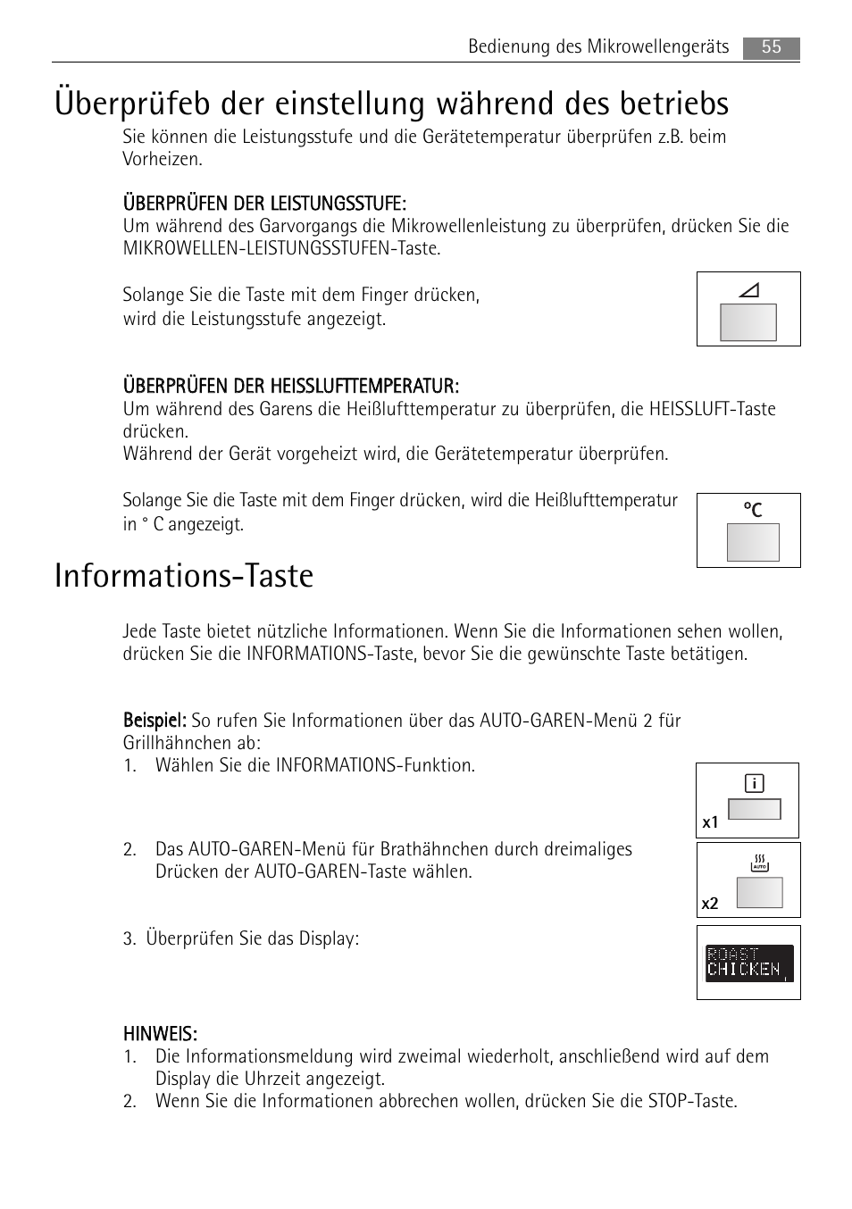 Überprüfeb der einstellung während des betriebs, Informations-taste | AEG MCC4061E-M User Manual | Page 55 / 252