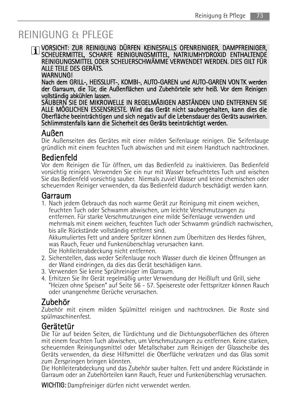 Reinigung & pflege, Aau uß ßeen n, Bbeed diieen nffeelld d | Zzu ub beeh hö örr, Ggeerräätteettü ürr | AEG MCC4061E-M User Manual | Page 73 / 252