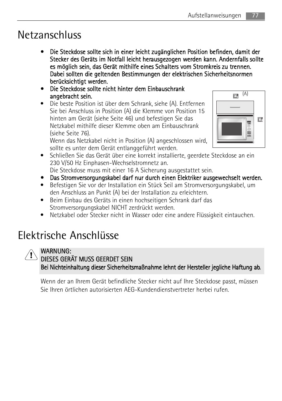 Netzanschluss, Elektrische anschlüsse | AEG MCC4061E-M User Manual | Page 77 / 252
