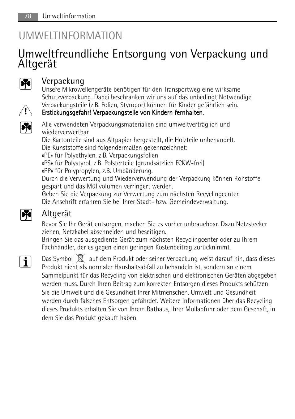 Umweltinformation, Verpackung, Altgerät | AEG MCC4061E-M User Manual | Page 78 / 252