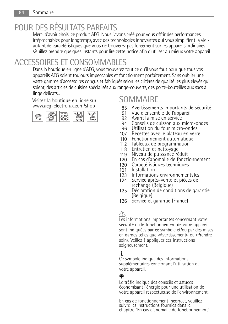 Pour des résultats parfaits, Accessoires et consommables, Sommaire | AEG MCC4061E-M User Manual | Page 84 / 252