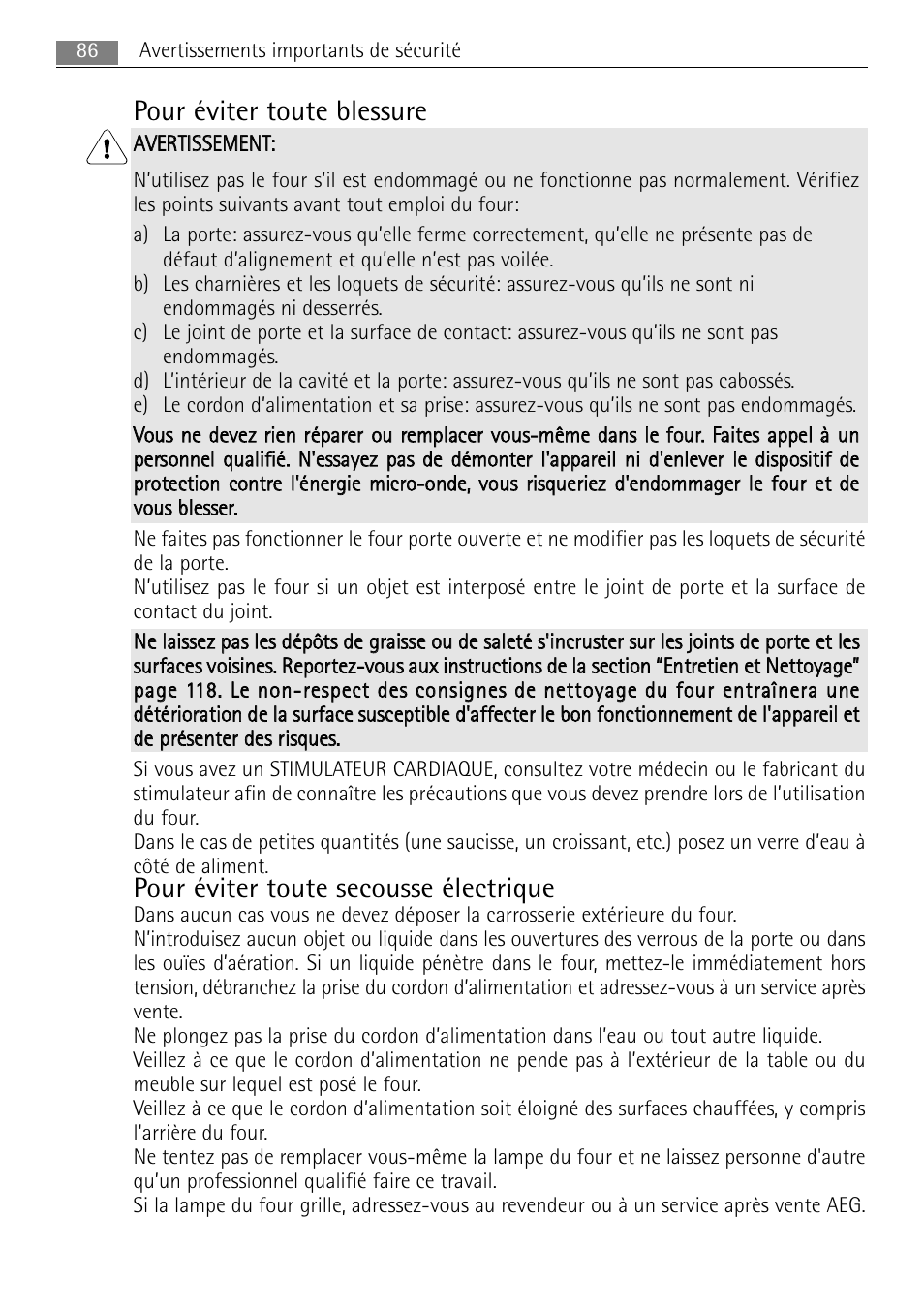 Pour éviter toute blessure, Pour éviter toute secousse électrique | AEG MCC4061E-M User Manual | Page 86 / 252