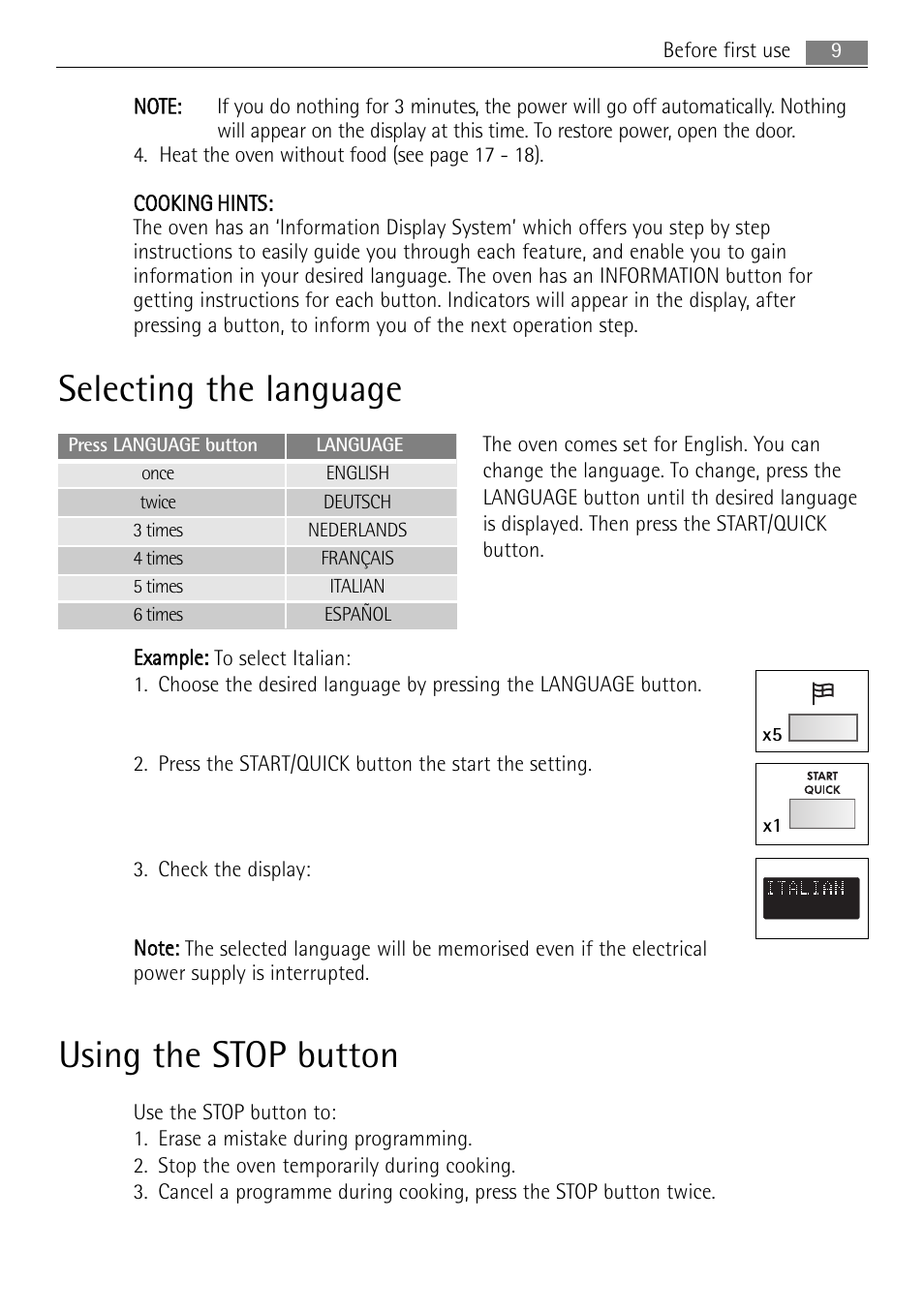 Selecting the language, Using the stop button | AEG MCC4061E-M User Manual | Page 9 / 252