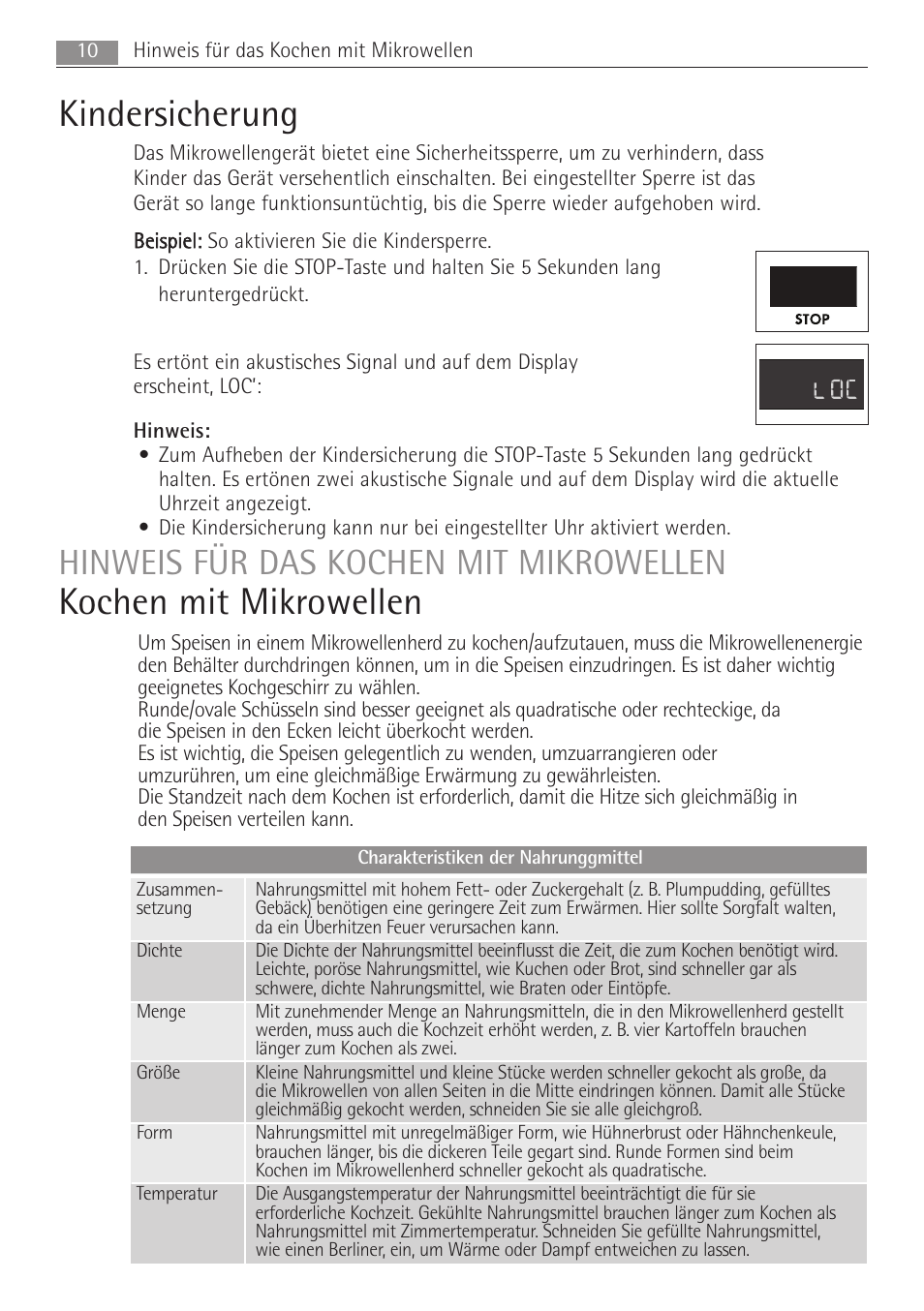 Kochen mit mikrowellen, Kindersicherung, Hinweis für das kochen mit mikrowellen | AEG MC1763E-M User Manual | Page 10 / 168