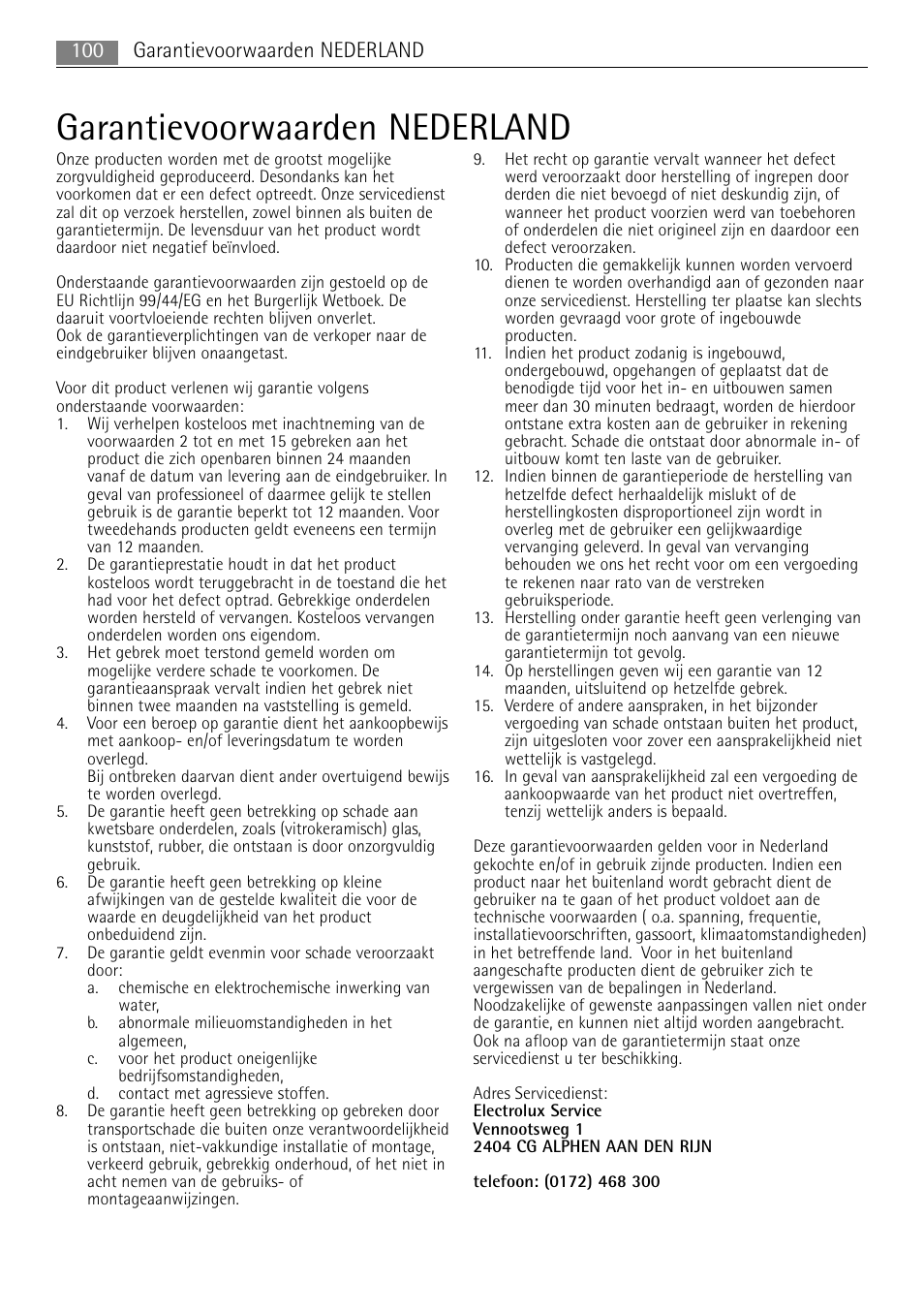 Garantievoorwaarden nederland, 100 garantievoorwaarden nederland | AEG MC1763E-M User Manual | Page 100 / 168