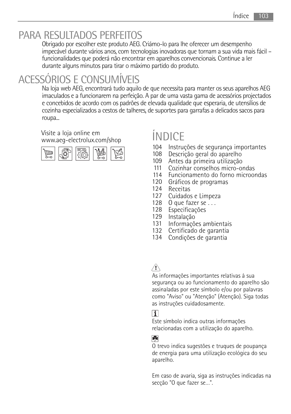 Índice, Para resultados perfeitos, Acessórios e consumíveis | AEG MC1763E-M User Manual | Page 103 / 168