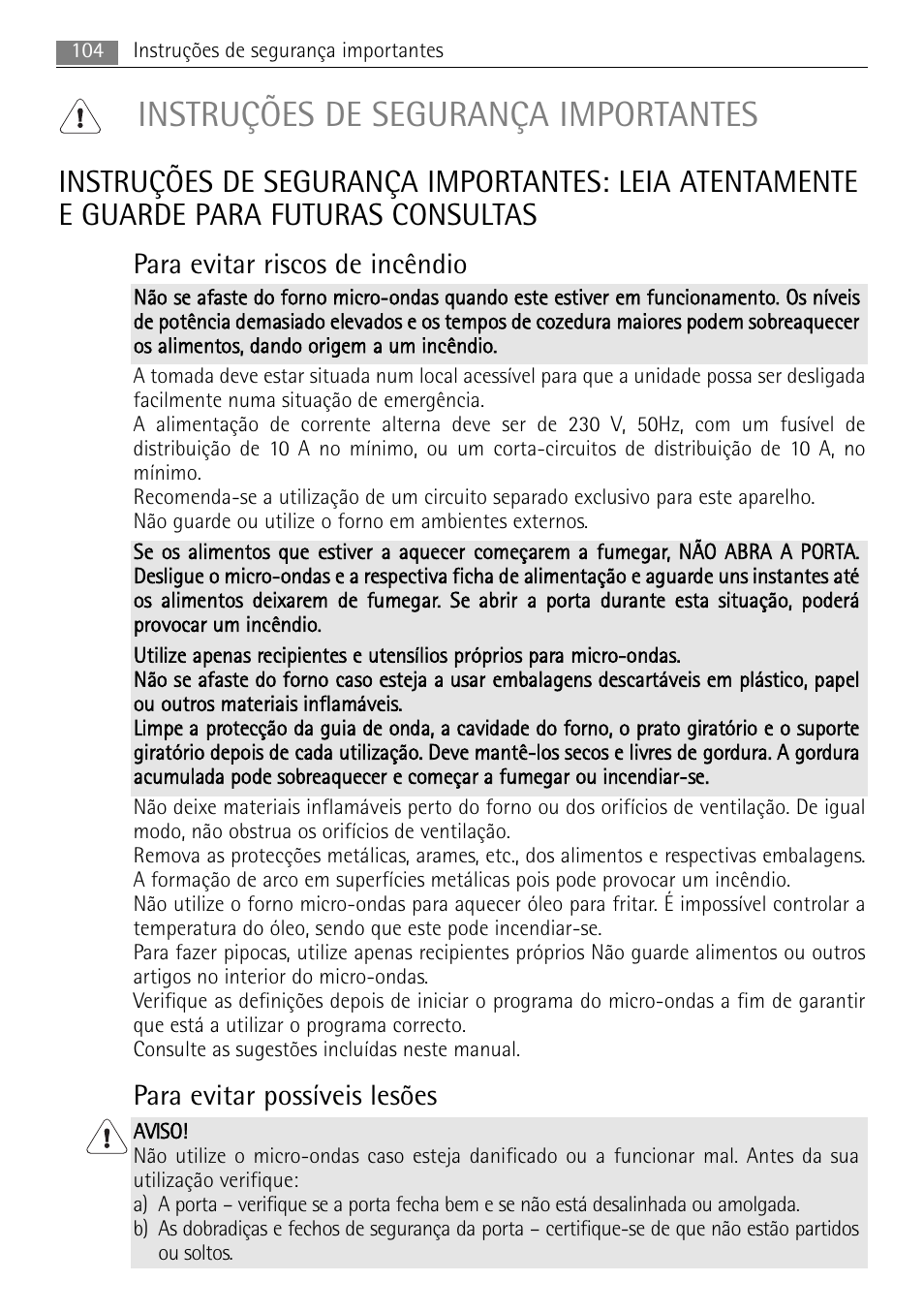Instruções de segurança importantes, Para evitar riscos de incêndio, Para evitar possíveis lesões | AEG MC1763E-M User Manual | Page 104 / 168