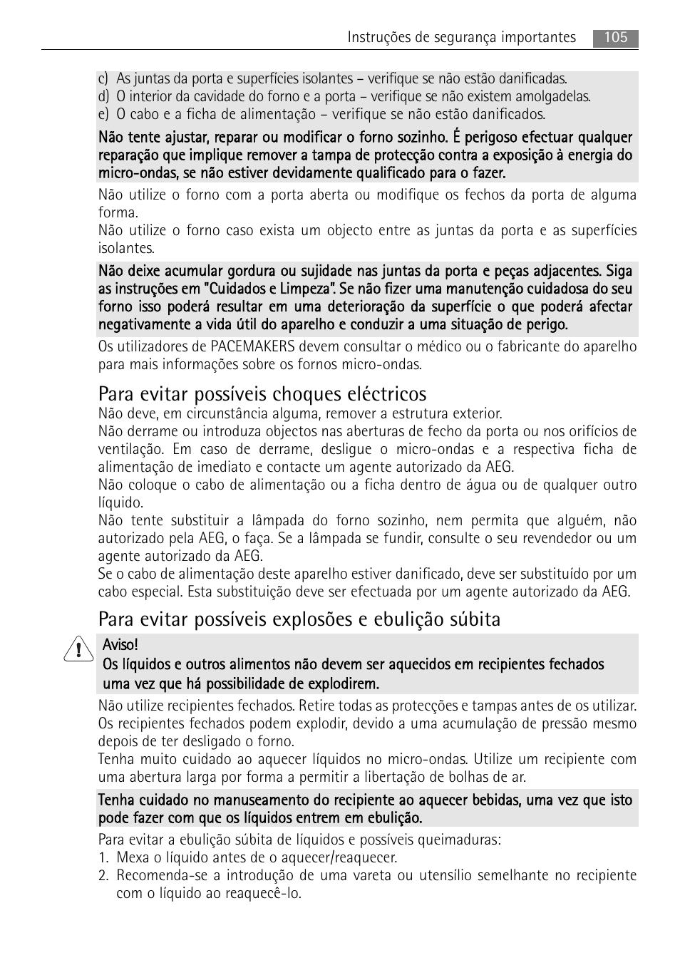 Para evitar possíveis choques eléctricos, Para evitar possíveis explosões e ebulição súbita | AEG MC1763E-M User Manual | Page 105 / 168