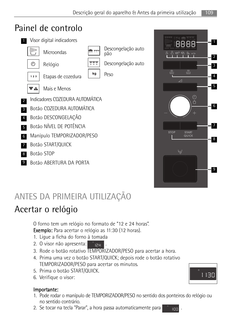 Painel de controlo, Acertar o relógio, Antes da primeira utilização | AEG MC1763E-M User Manual | Page 109 / 168