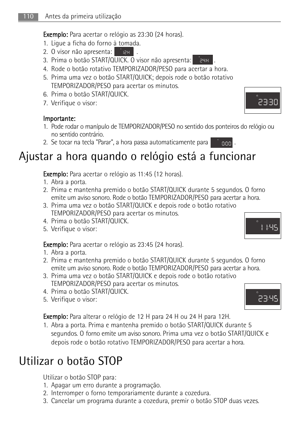 Ajustar a hora quando o relógio está a funcionar, Utilizar o botão stop | AEG MC1763E-M User Manual | Page 110 / 168