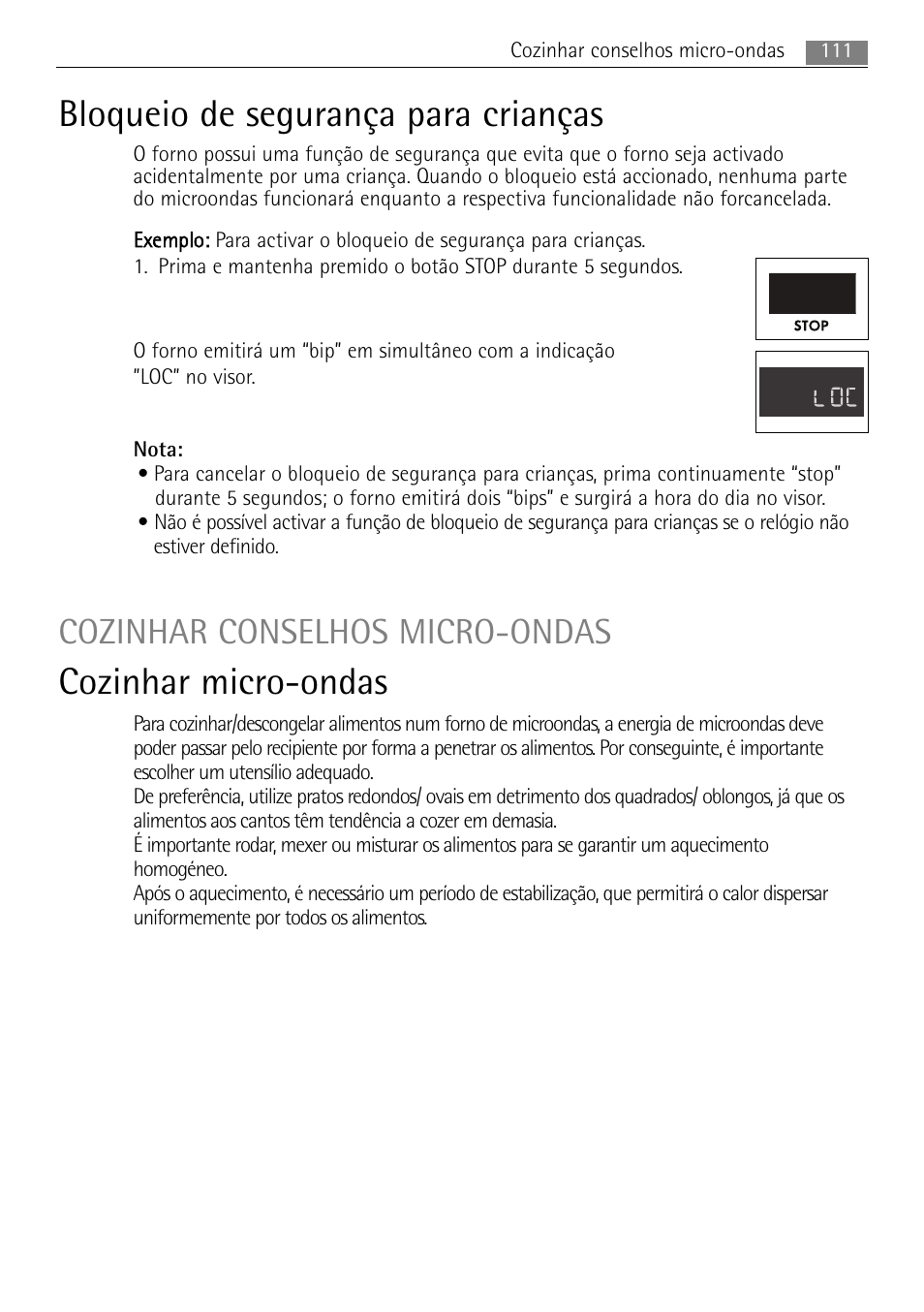 Bloqueio de segurança para crianças, Cozinhar micro-ondas, Cozinhar conselhos micro-ondas | 111 cozinhar conselhos micro-ondas | AEG MC1763E-M User Manual | Page 111 / 168