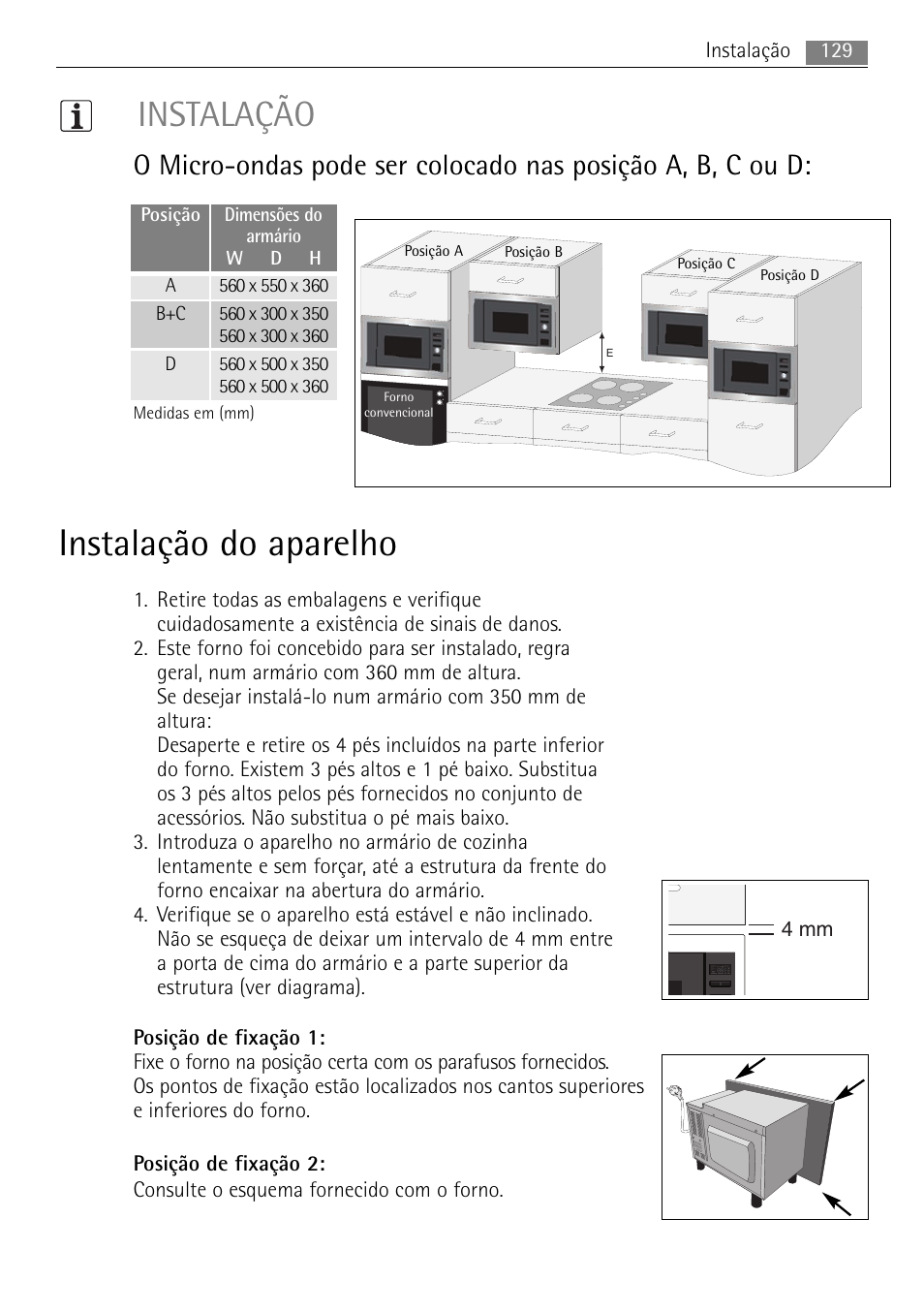 Instalação do aparelho, Instalação | AEG MC1763E-M User Manual | Page 129 / 168