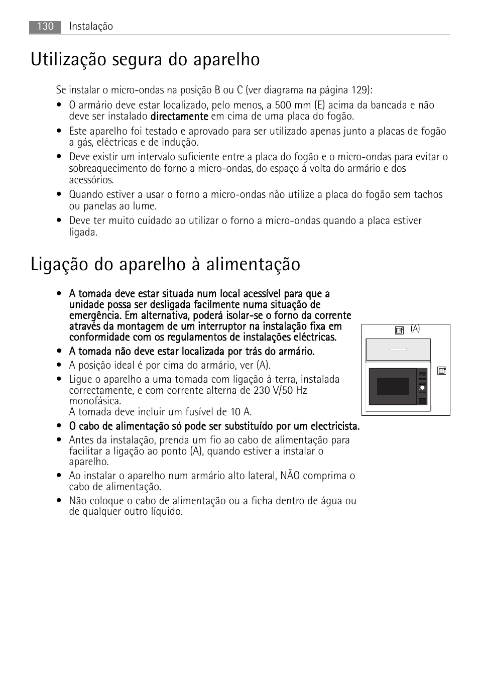 Ligação do aparelho à alimentação, Utilização segura do aparelho | AEG MC1763E-M User Manual | Page 130 / 168