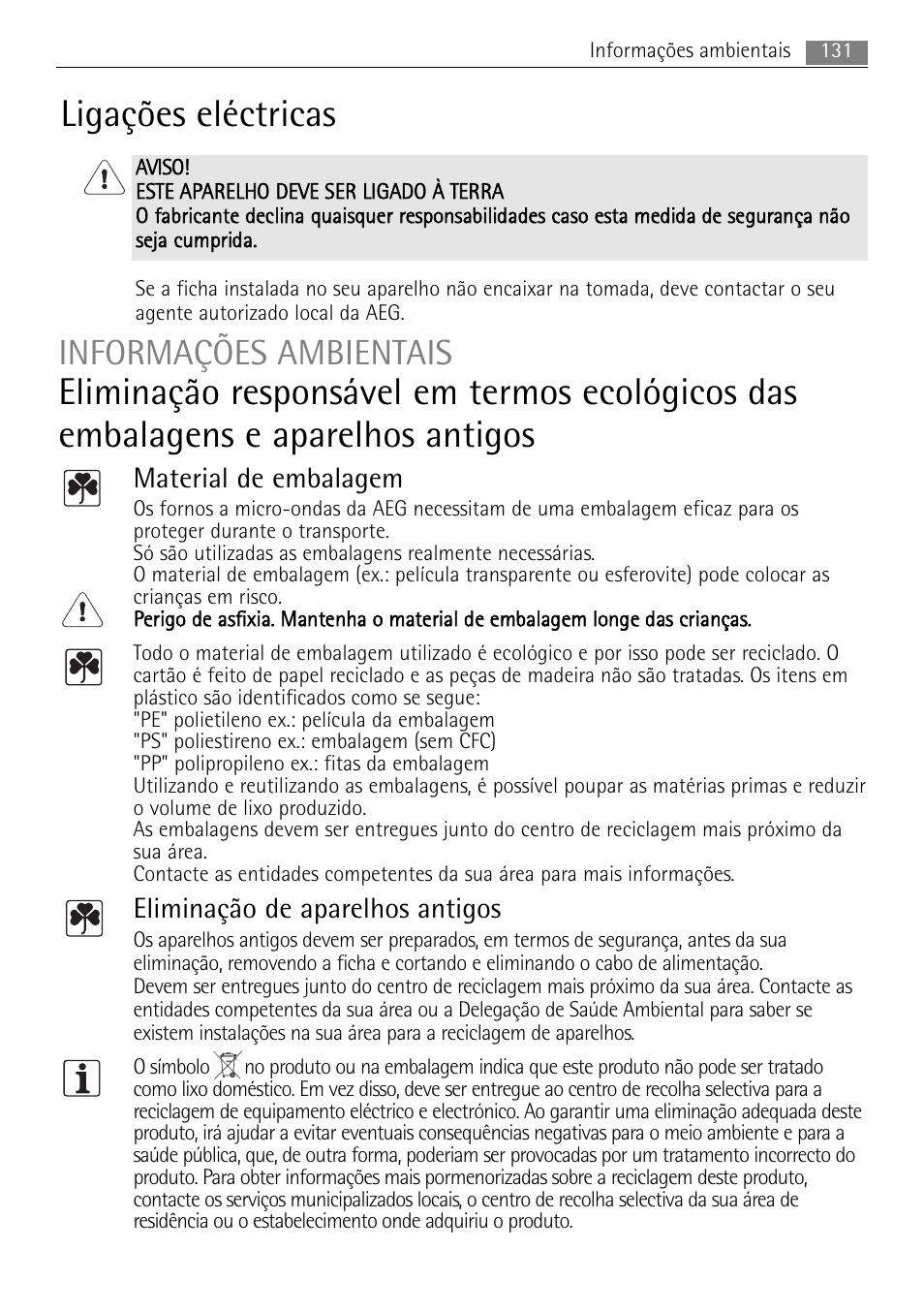 Ligações eléctricas, Informações ambientais, Material de embalagem | Eliminação de aparelhos antigos | AEG MC1763E-M User Manual | Page 131 / 168