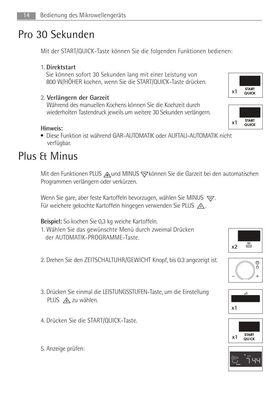 Pro 30 sekunden, Plus & minus, 14 bedienung des mikrowellengeräts | AEG MC1763E-M User Manual | Page 14 / 168
