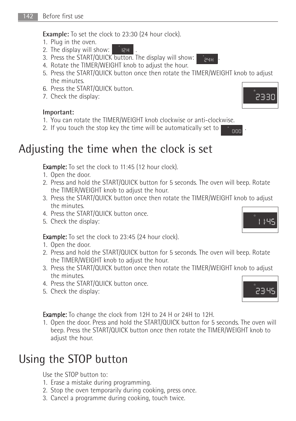 Adjusting the time when the clock is set, Using the stop button | AEG MC1763E-M User Manual | Page 142 / 168