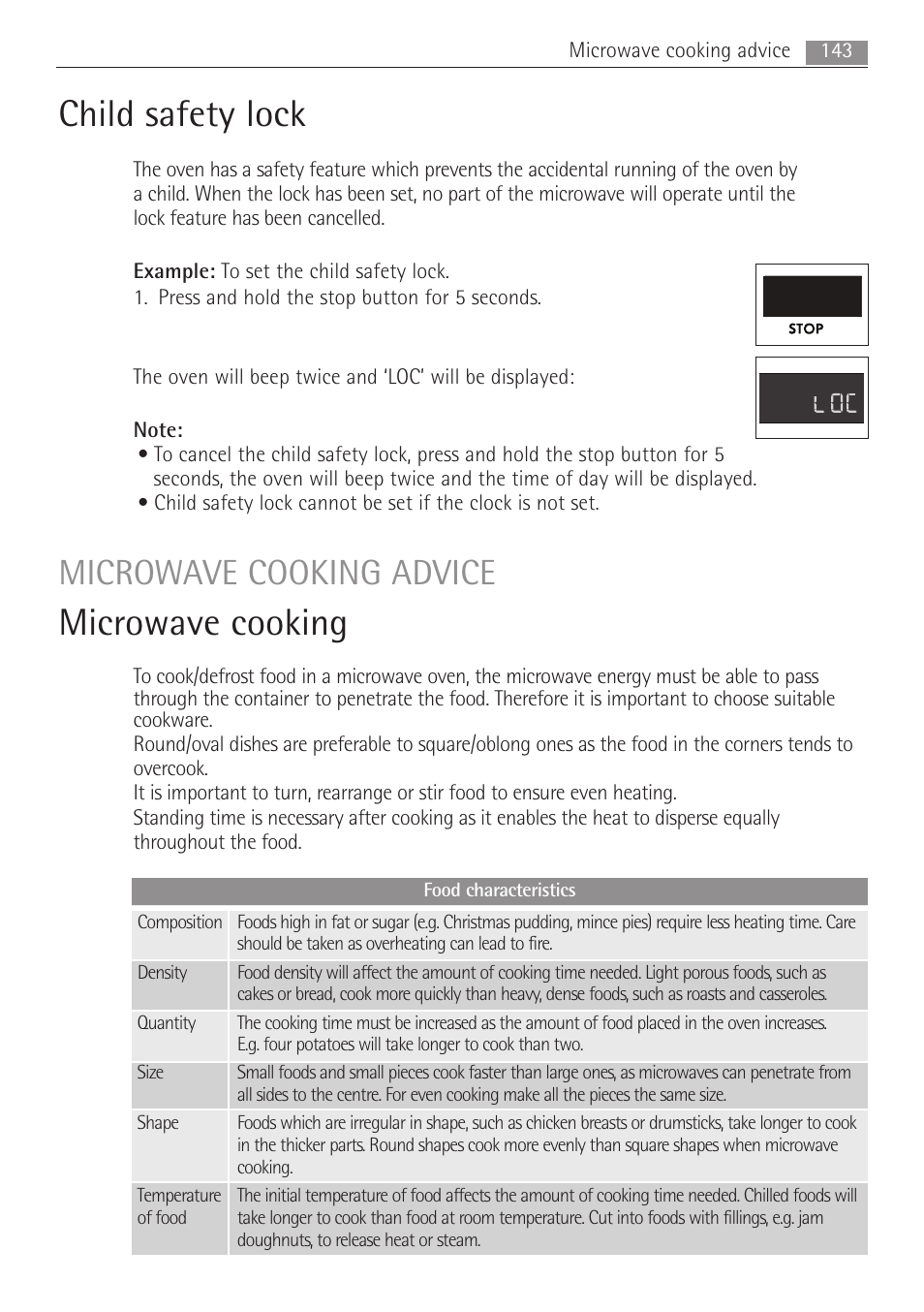 Microwave cooking, Child safety lock, Microwave cooking advice | AEG MC1763E-M User Manual | Page 143 / 168