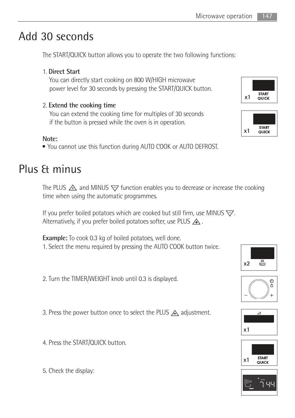 Add 30 seconds, Plus & minus, 147 microwave operation | AEG MC1763E-M User Manual | Page 147 / 168