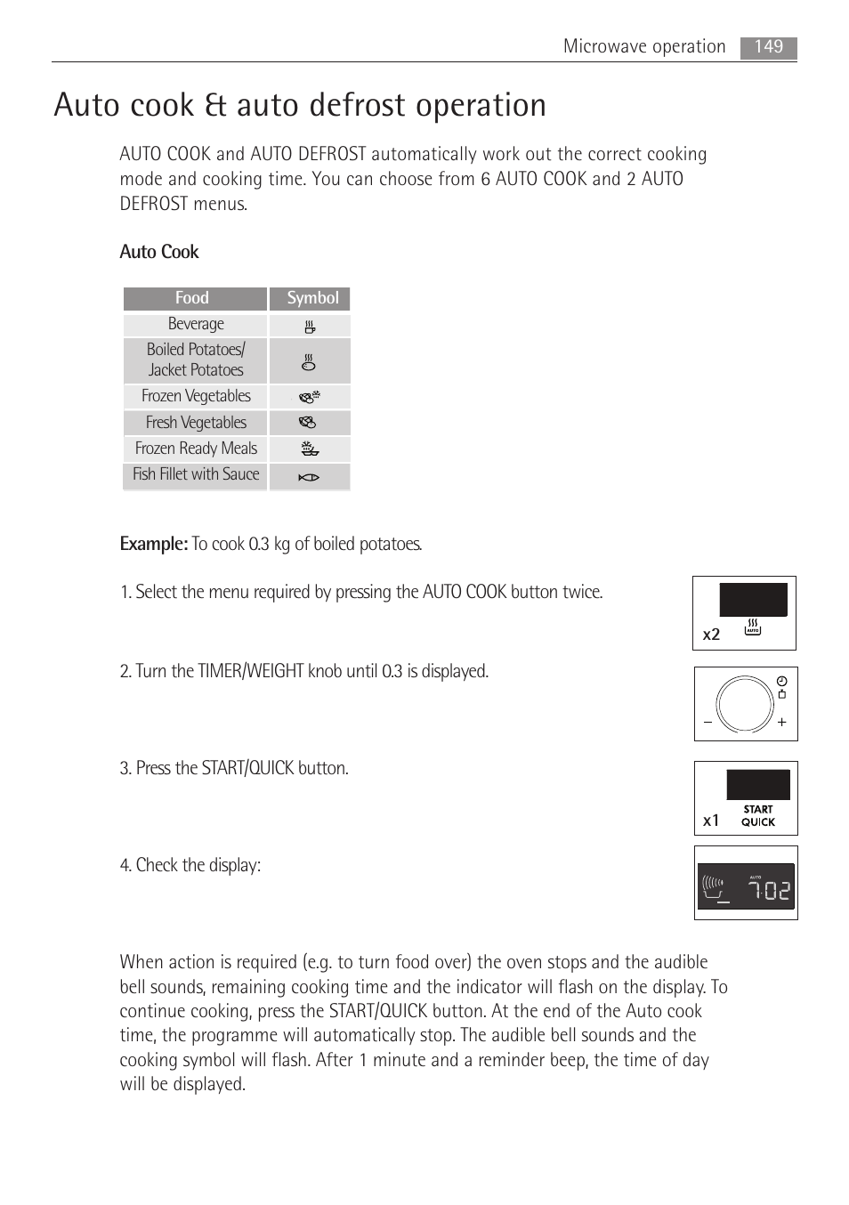 Auto cook & auto defrost operation, 149 microwave operation | AEG MC1763E-M User Manual | Page 149 / 168