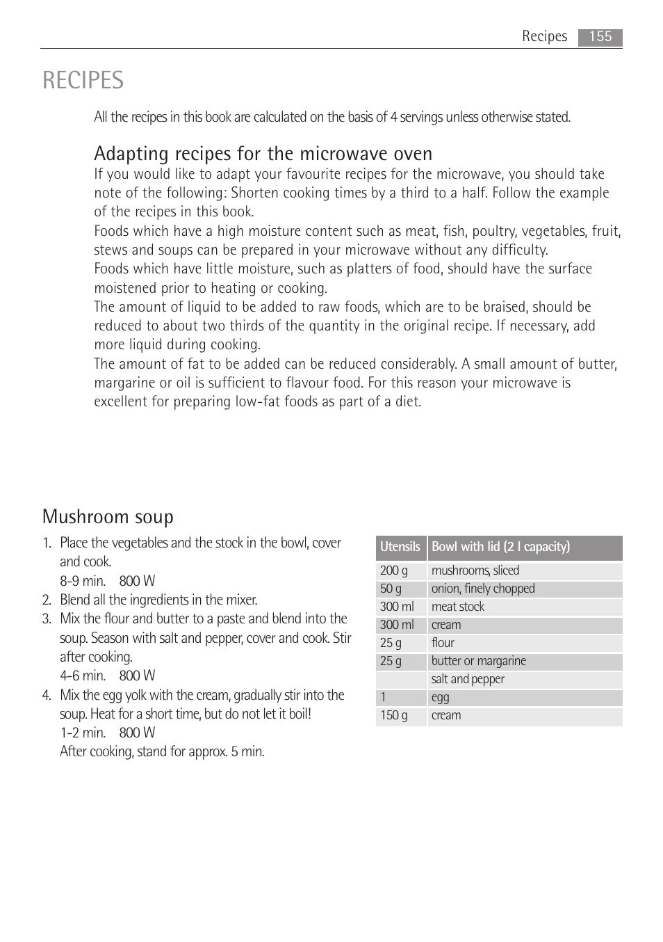 Recipes, Adapting recipes for the microwave oven, Mushroom soup | AEG MC1763E-M User Manual | Page 155 / 168