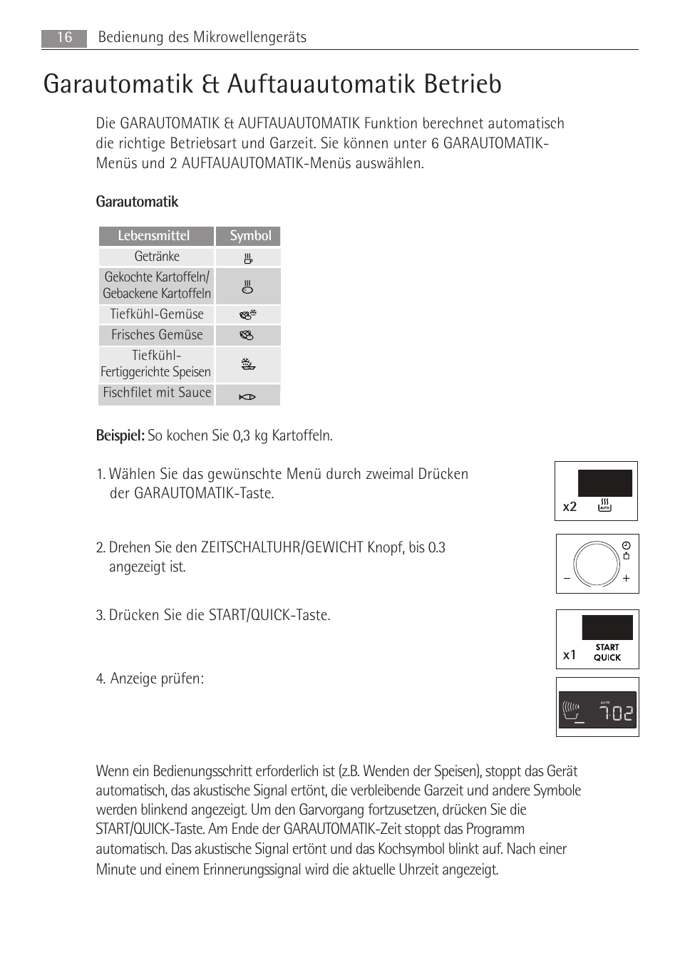 Garautomatik & auftauautomatik betrieb, 16 bedienung des mikrowellengeräts | AEG MC1763E-M User Manual | Page 16 / 168