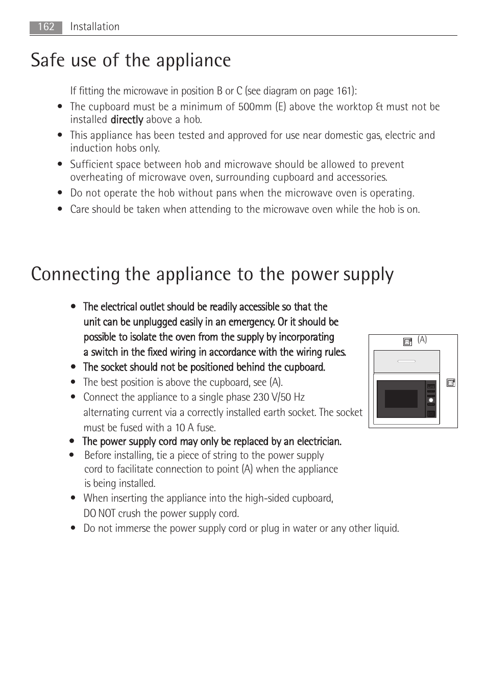 Safe use of the appliance, Connecting the appliance to the power supply | AEG MC1763E-M User Manual | Page 162 / 168