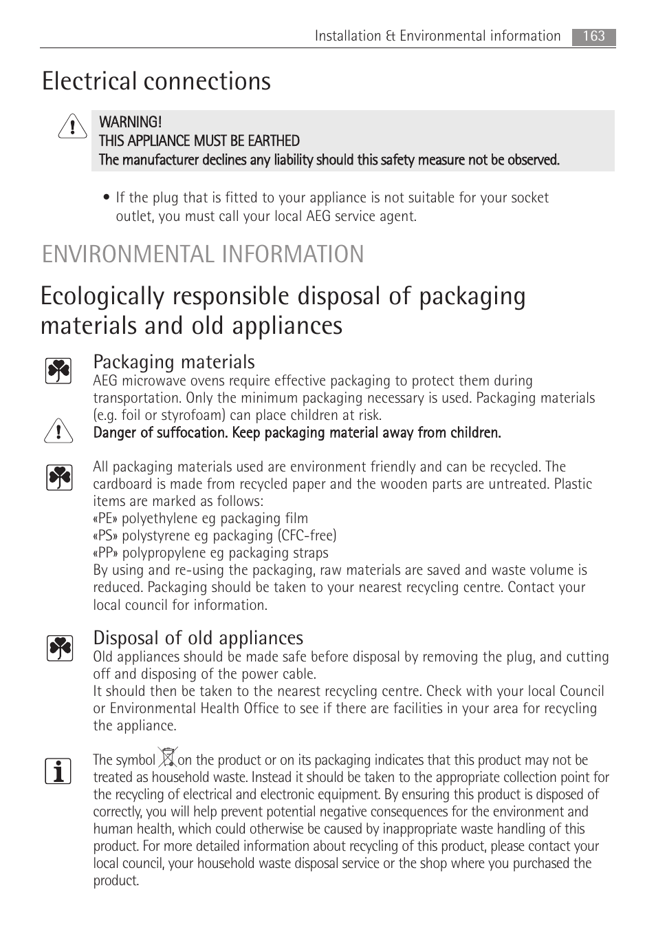 Electrical connections, Environmental information, Packaging materials | Disposal of old appliances | AEG MC1763E-M User Manual | Page 163 / 168