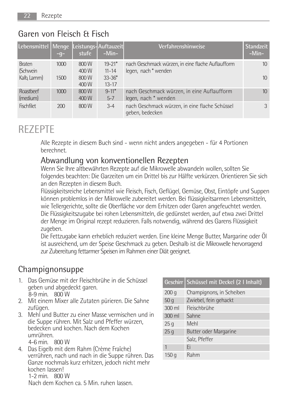 Rezepte, Garen von fleisch & fisch, Abwandlung von konventionellen rezepten | Champignonsuppe | AEG MC1763E-M User Manual | Page 22 / 168
