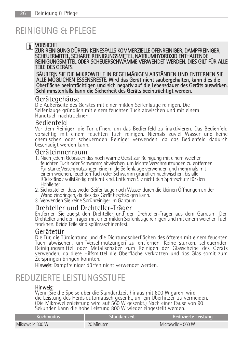 Reinigung & pflege reduzierte leistungsstufe, Gerätegehäuse, Bedienfeld | Geräteinnenraum, Drehteller und drehteller-träger, Gerätetür | AEG MC1763E-M User Manual | Page 26 / 168