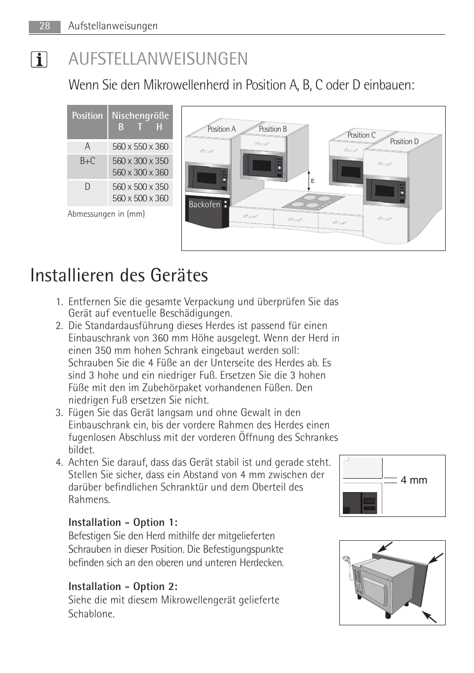 Installieren des gerätes, Aufstellanweisungen | AEG MC1763E-M User Manual | Page 28 / 168