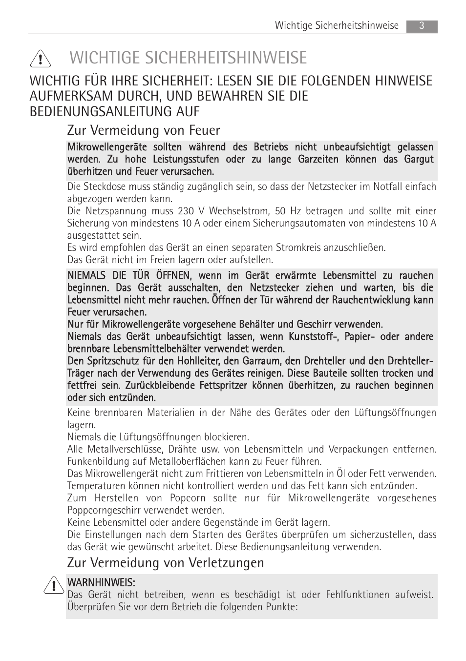 Wichtige sicherheitshinweise, Zur vermeidung von verletzungen | AEG MC1763E-M User Manual | Page 3 / 168