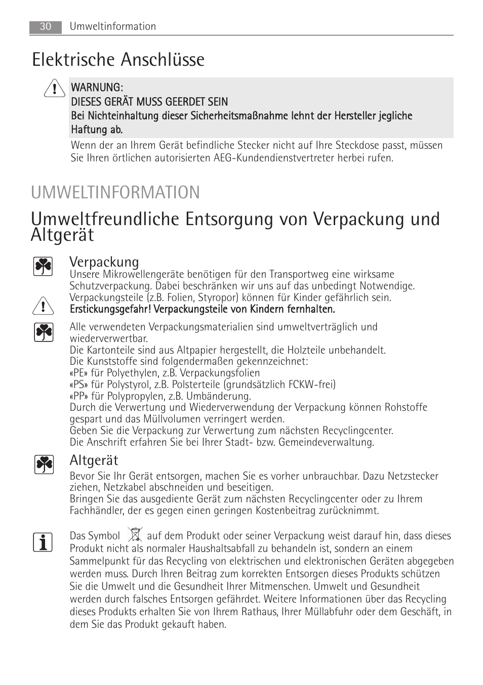 Elektrische anschlüsse, Umweltinformation, Verpackung | Altgerät | AEG MC1763E-M User Manual | Page 30 / 168