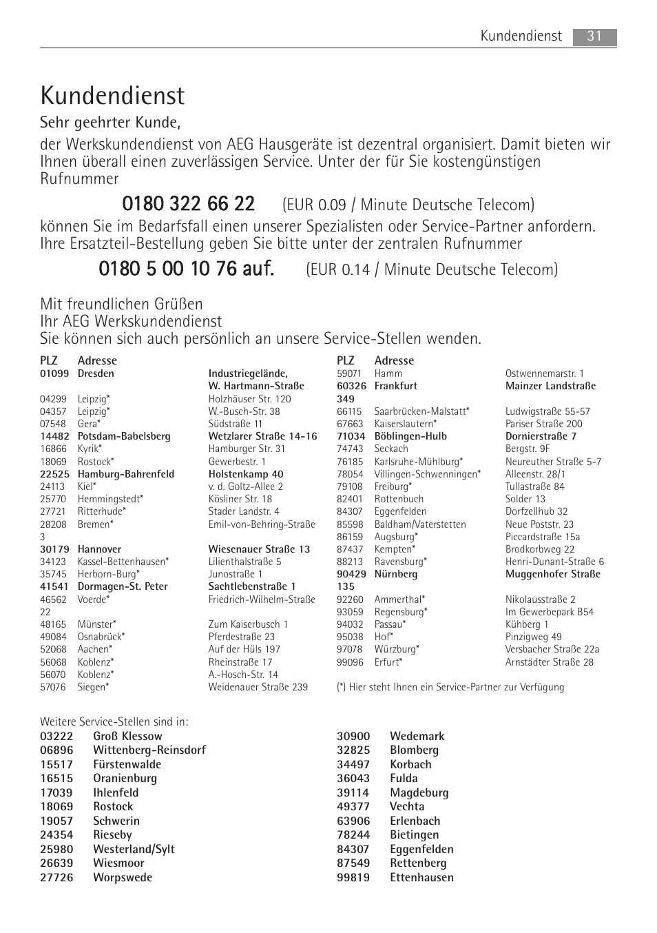 Kundendienst, 31 kundendienst | AEG MC1763E-M User Manual | Page 31 / 168