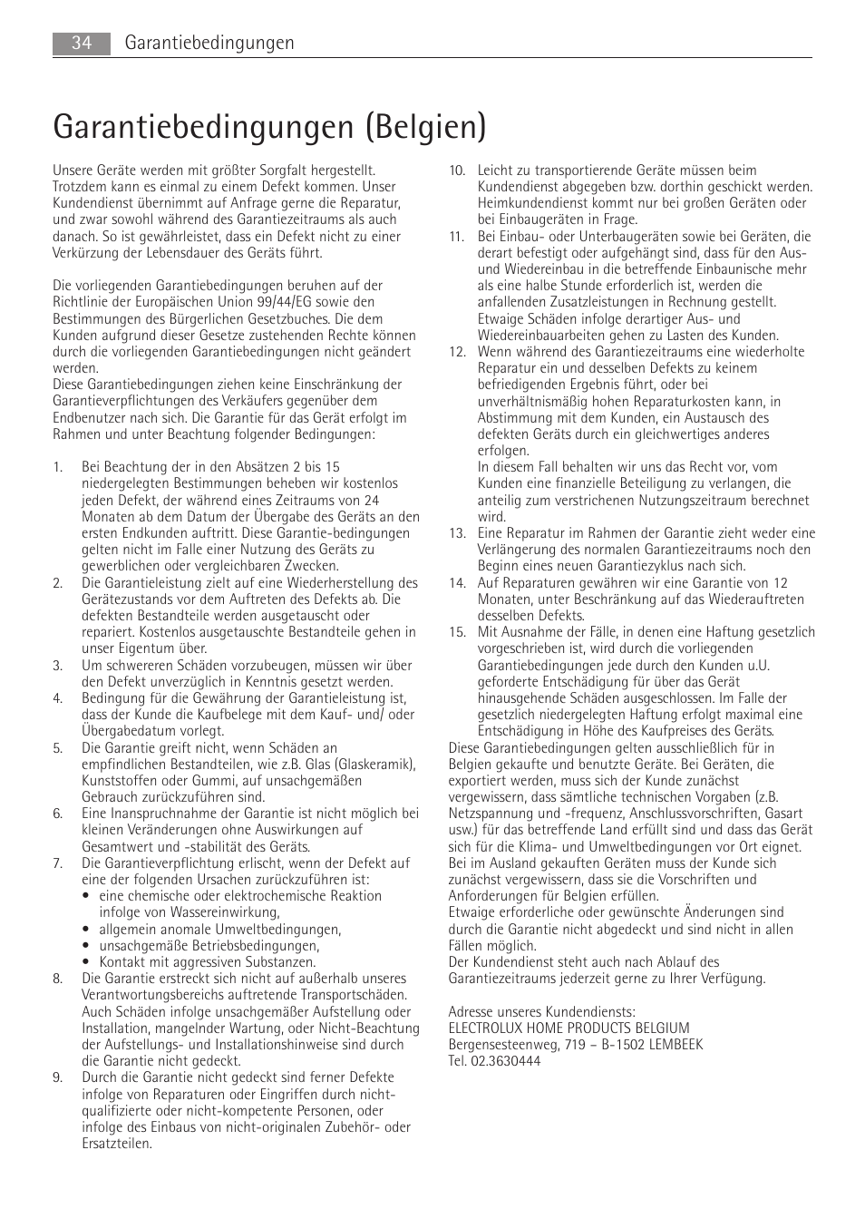Garantiebedingungen (belgien), 34 garantiebedingungen | AEG MC1763E-M User Manual | Page 34 / 168